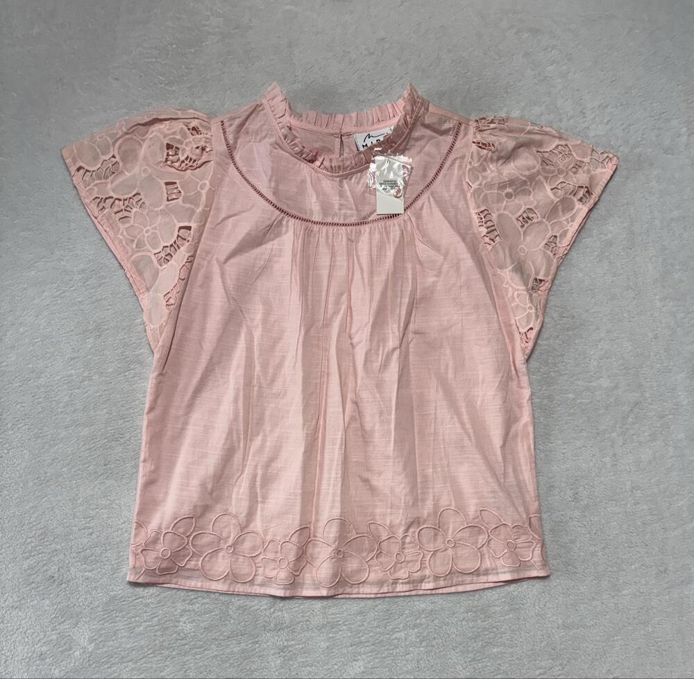 MIRA Shirt Womens Small Pink Flutter Sleeve Embroidered Floral Blouse Top